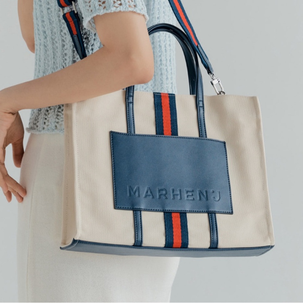 MARHEN. J Joy Mini Canvas Shoulder Bag Tote  Crossbody Purse Navy Blue Cream New